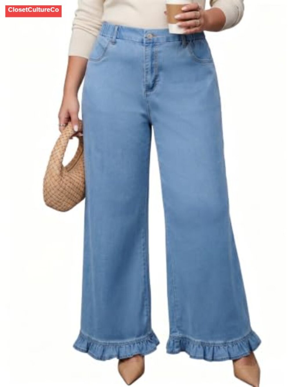Plus Size Wide Leg High Waisted Jeans Ruffle Hem Tummy Control Pants